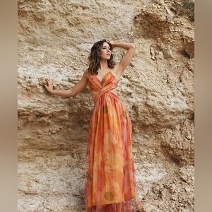 TULLE RENDER FLORAL PRINT CUTOUT WAIST BACK LACE-UP MAXI DRESS BEACH PARTY